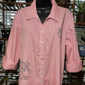 Las Olas Red Pinstripe Rhinestone Elephant Button Down Shirt Cotton Women Large